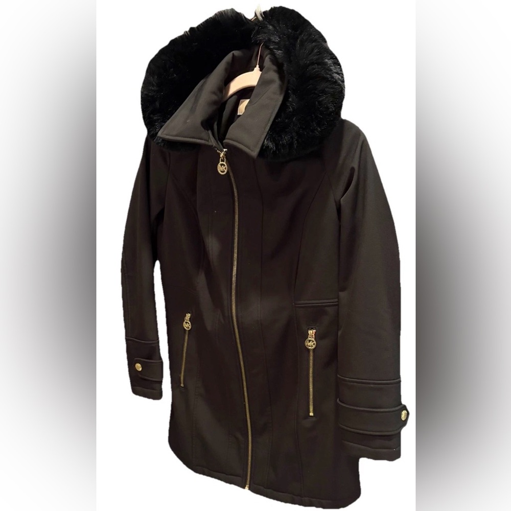 Michael Kors Black Faux Fur Hooded Ski Jacket Gold Zippers – Size Small